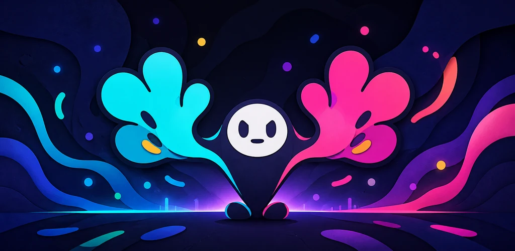 Mascote do jogo entre formas luminosas Six e Seven